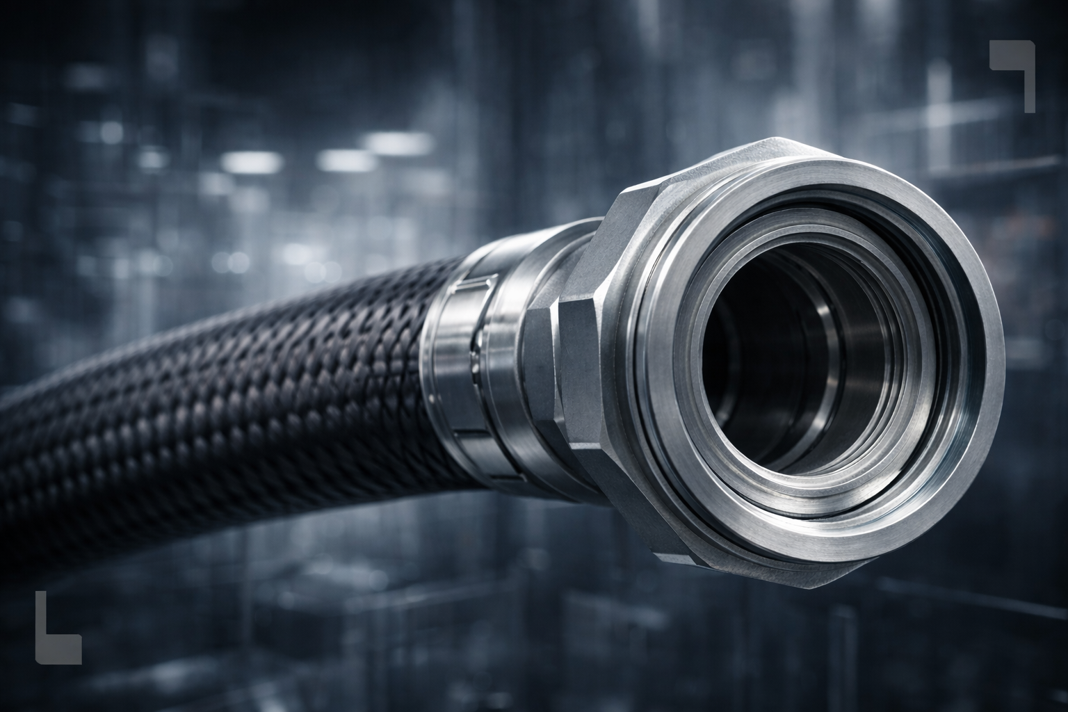 Detailansicht einer industriellen Heizschlauch-Kupplung aus Edelstahl